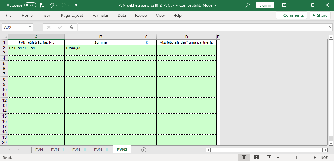 PVN 2 pielikuma Excel veidne